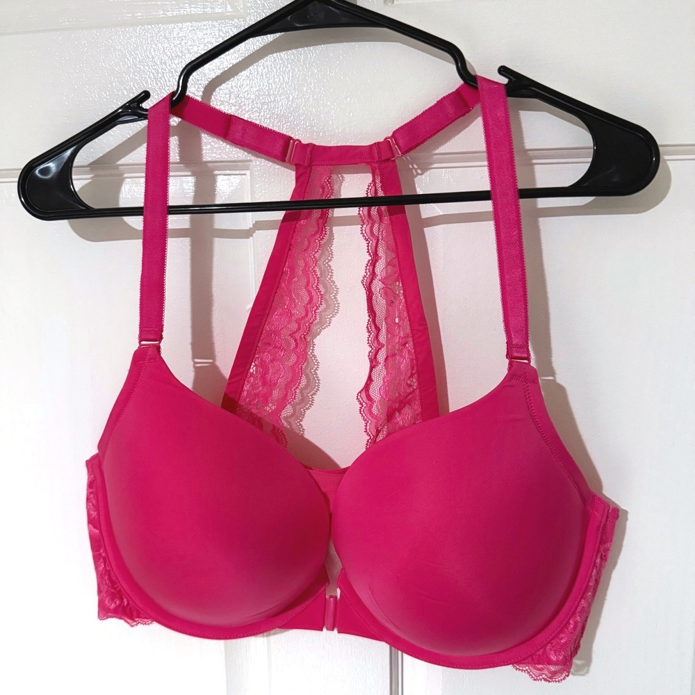 Torrid Curve Hot Pink Lace Racerback Front Clasp Push Up Bra 42D Plus Size